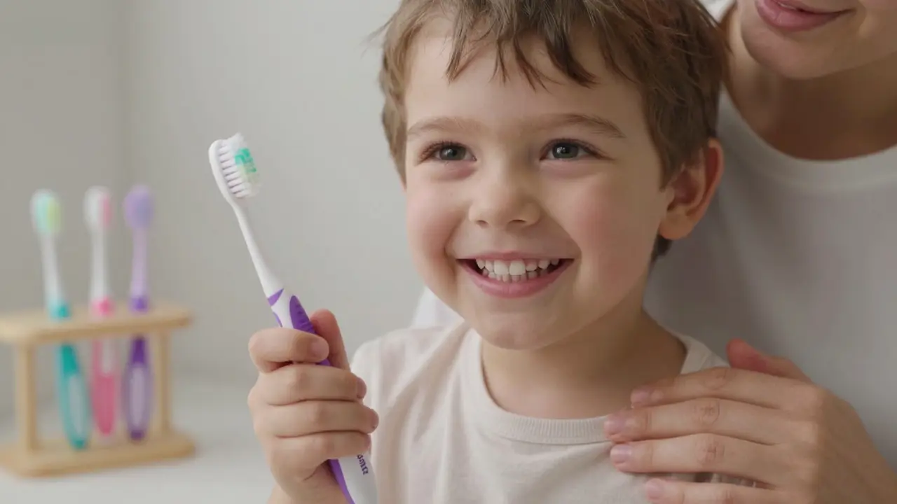 Dítě se směje, drží v ruce Curaprox Kids kartáček, rodič si jemně drží rameno.