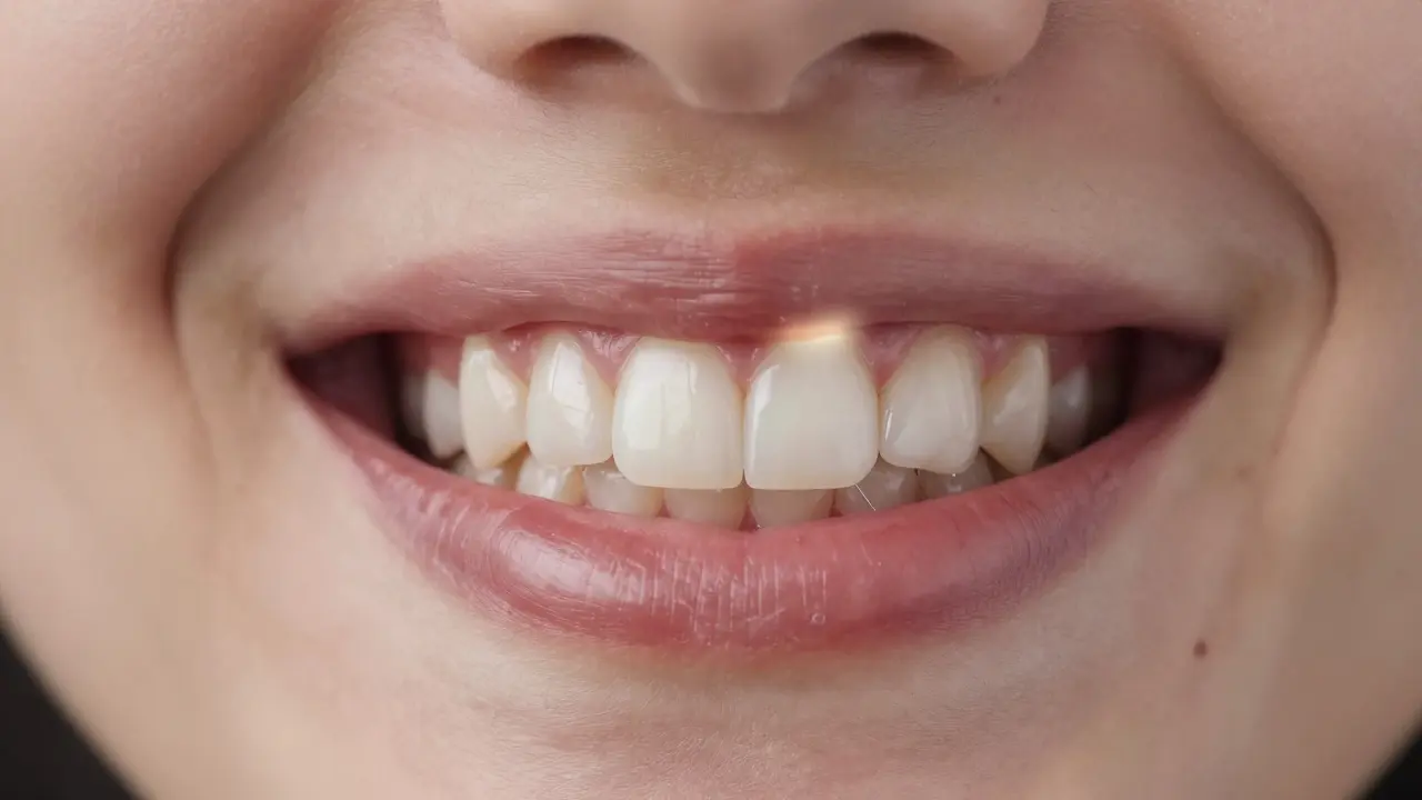 Estetický úsměv s přirozeně vypadajícím zubem opraveným kořenovými vlákny a keramickou onlay.