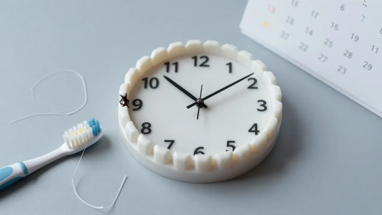 Hodiny s zuby jako číselníkem, jedna z nich poškozená pod fazetou, kolem ní nástroje pro ústní hygienu.