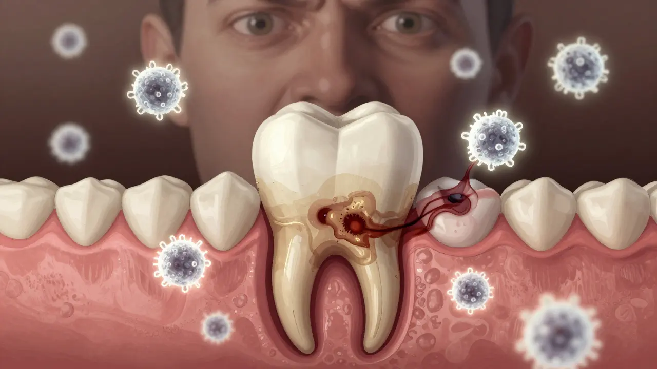 Infekce se šíří z kořene zubu do čelisti, bojují bílé krvinky.