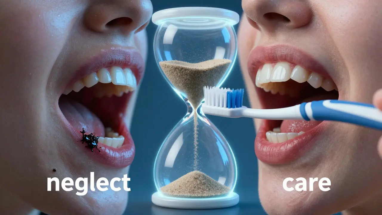 Kontrast mezi poškozenými a zdravými zuby a dásněmi s kartáčkem Curaprox v akci.