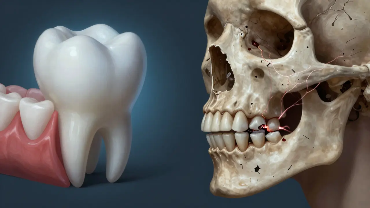 Kontrast mezi zdravou a impaktovanou osmickou: jedna čistě prorůstá, druhá způsobuje cystu a poškození čelisti.