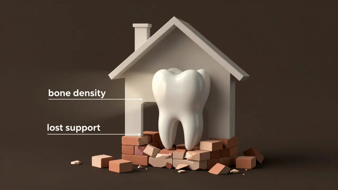 Metafora domu s poškozeným základem jako symbol ztráty zubů způsobené osteoporózou.