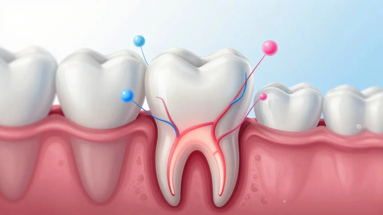 Mikroskopický řez zubem s otevřenými kanálky reagujícími na teplotu a sladké podněty.