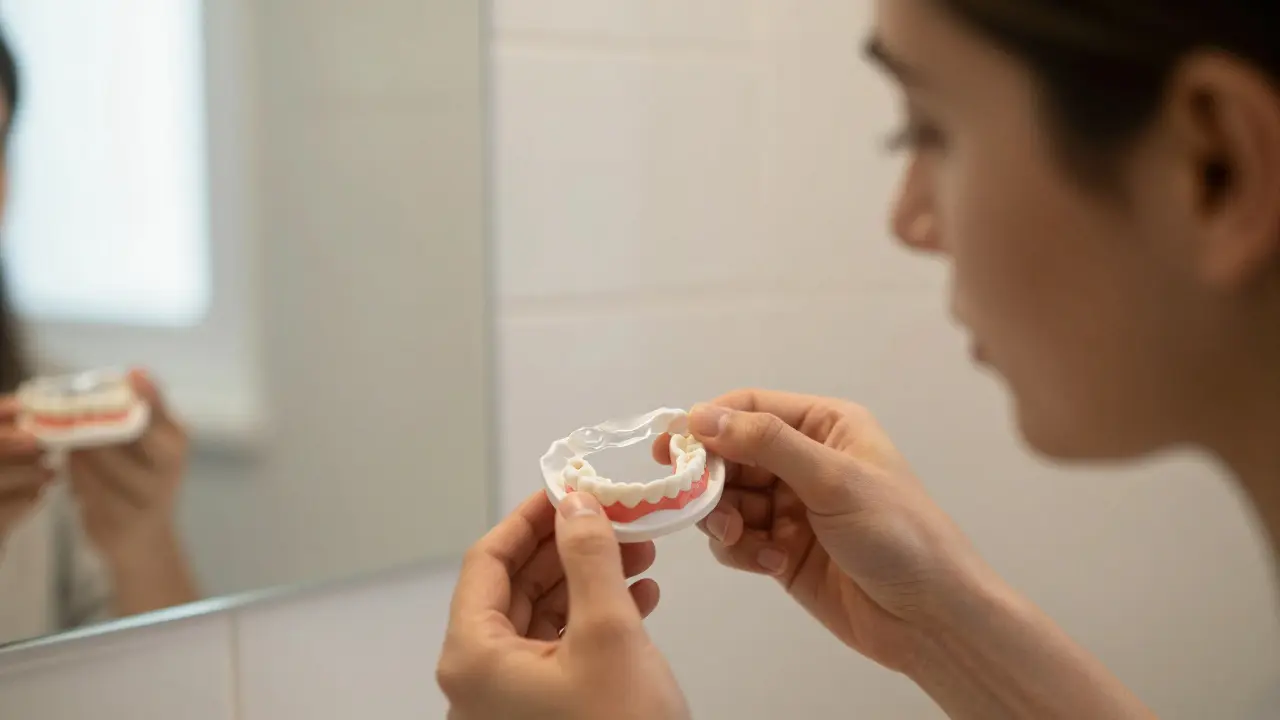 Osoba aplikuje karbamid peroxidový gel do zubního držátku v domácím prostředí.