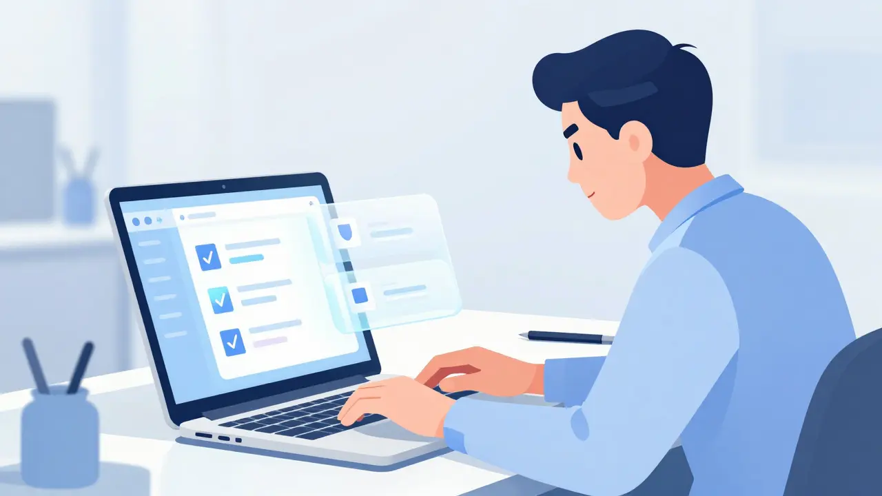 Osoba filtrovává zubní ordinace na laptopu s webovým filtrem.