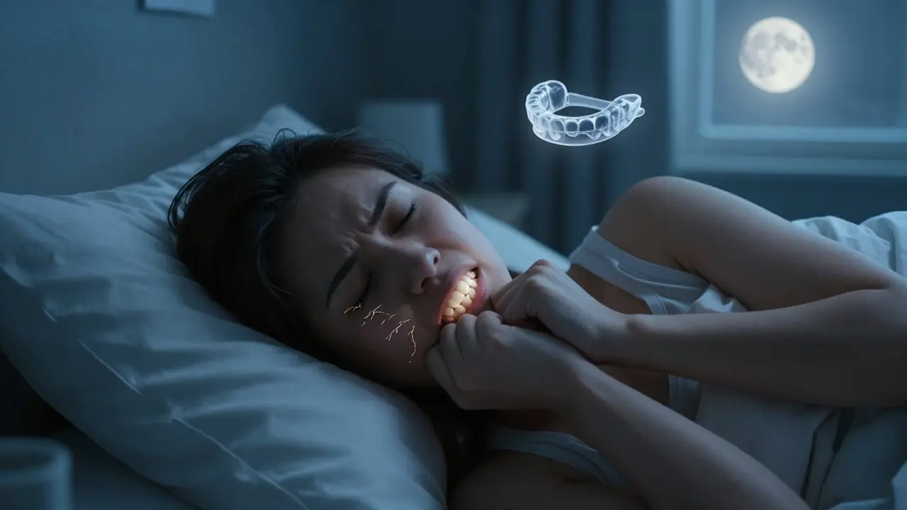Person sleeping with a night guard nearby, faint cracks glowing from a tooth due to bruxism.