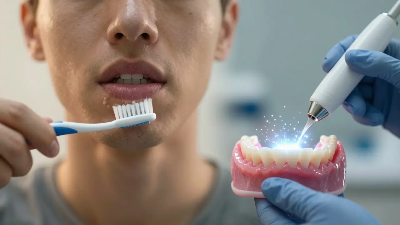 Porovnání domácí a profesionální dentální hygieny: neviditelný kámen vs. čisté zuby.