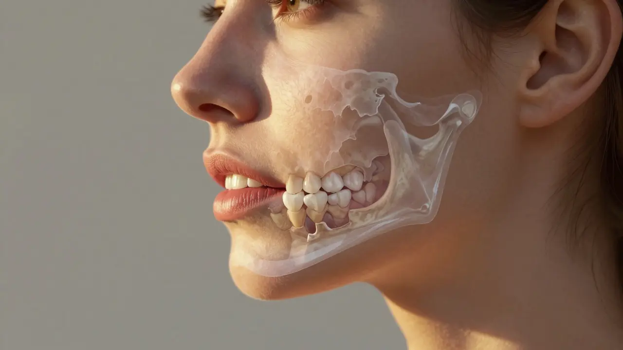 Profily ženy s průhledným zobrazením degradace kosti v dolní čelisti, zatímco přední zuby zůstávají stabilní.