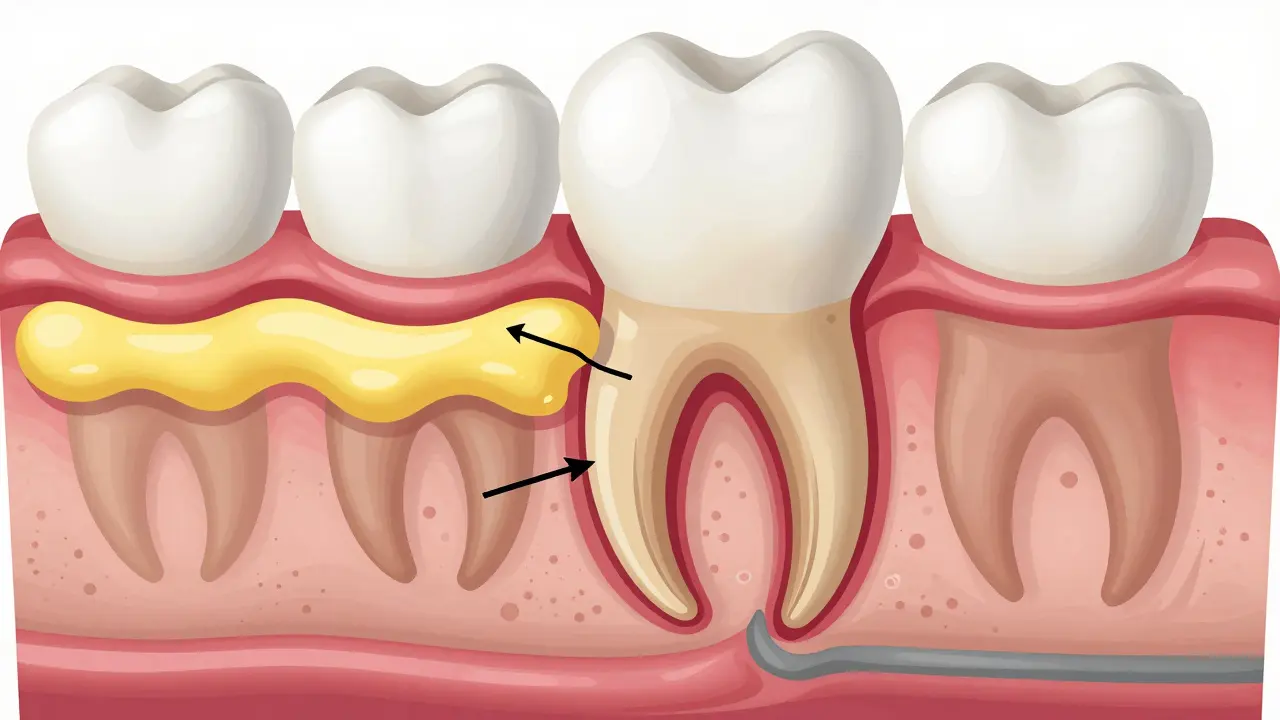 Průřez zubem a dásní s kalcifikovaným nánosem a ztrátou kosti
