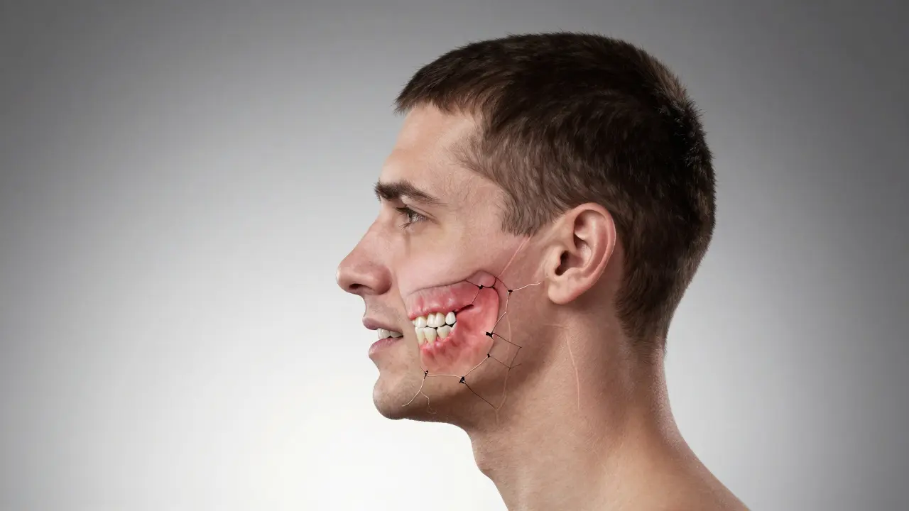 Rozdělená hlava: zdravý předkus na jedné straně, špatný předkus s následky na druhé.