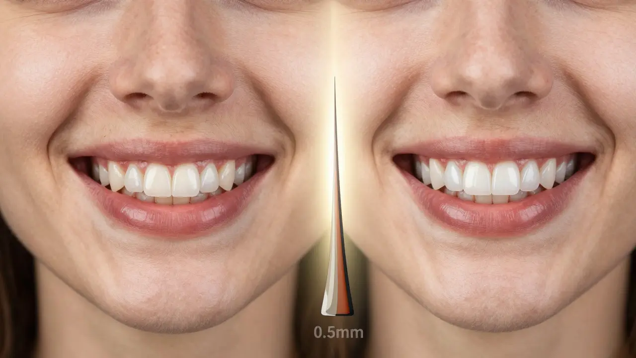 Side-by-side comparison of a natural smile and a transformed smile with ceramic veneers