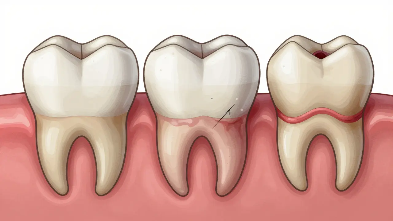 Side-by-side comparison of healthy gums, inflamed gums with periodontal pocket, and bone loss around a tooth.