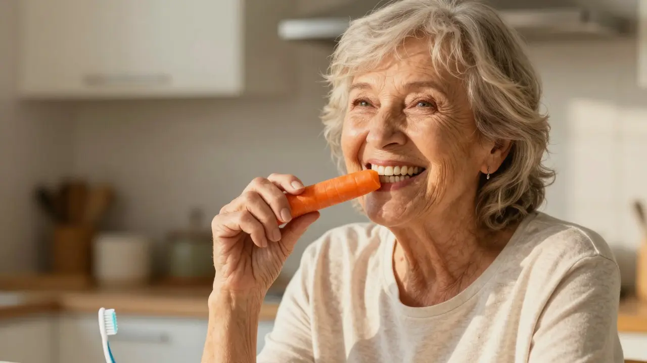 Stará žena klidně žvýká mrkev s celými zdravými zuby.