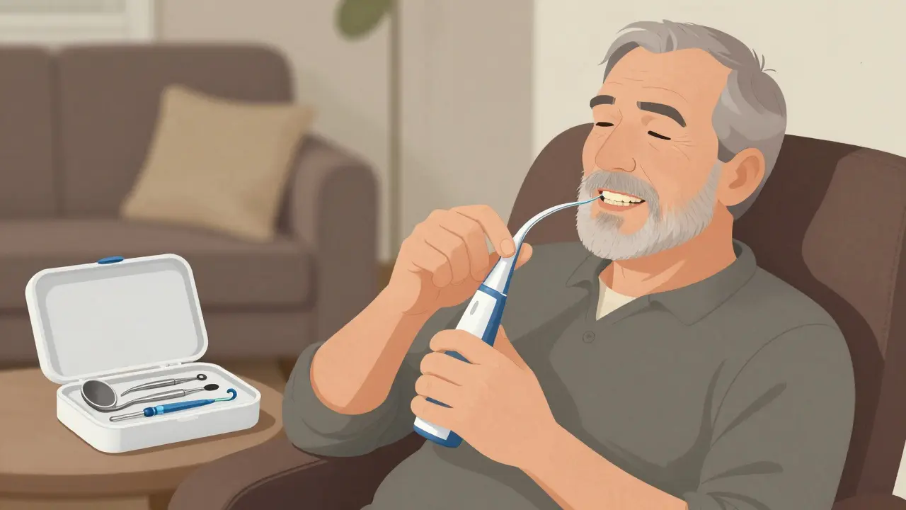 Starý muž používá vodní čističku pro zubní náhrady v pohodlném křesle.