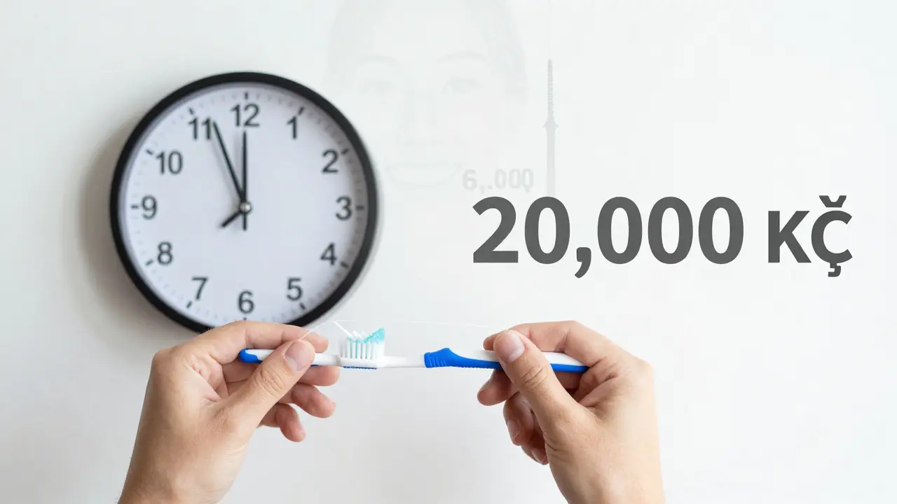 Toothbrush and floss next to a clock, with cost comparison of prevention vs. implants.