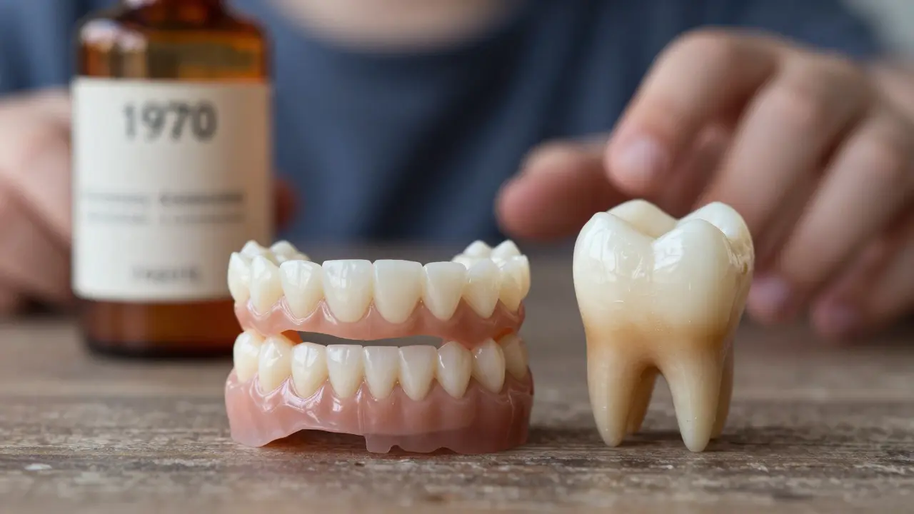 Tři zubní korunky a lamináty vedle poškozeného zubu s tetracyklinovým barvením a starým lékem na pozadí.