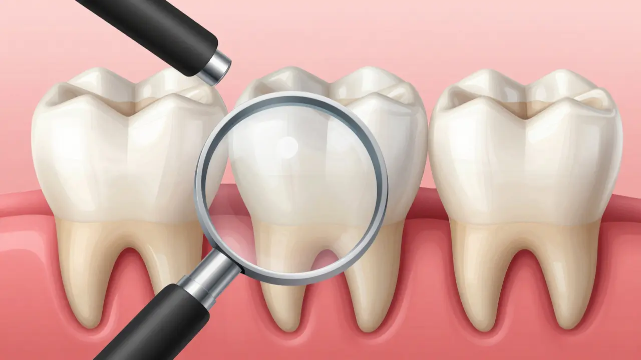 Tři zuby s různým opotřebením skloviny pod zvětšením