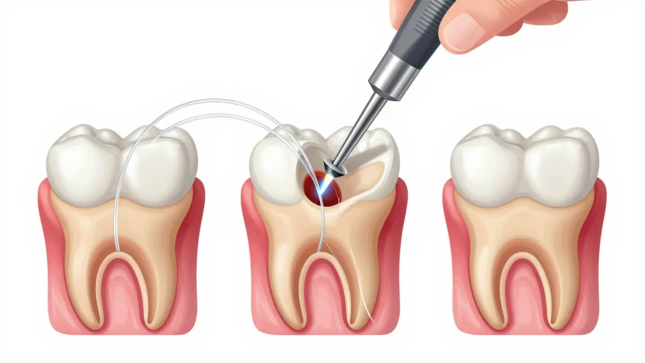 Třístupňový postup vložení kořenových vlásek: příprava, vkládání a ztuhnutí pod světlem.