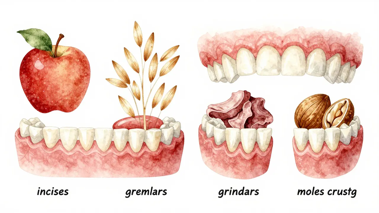 Vizualizace čtyř typů zubů s jejich funkcemi: řezáky, křemíky, přední a zadní moláry.