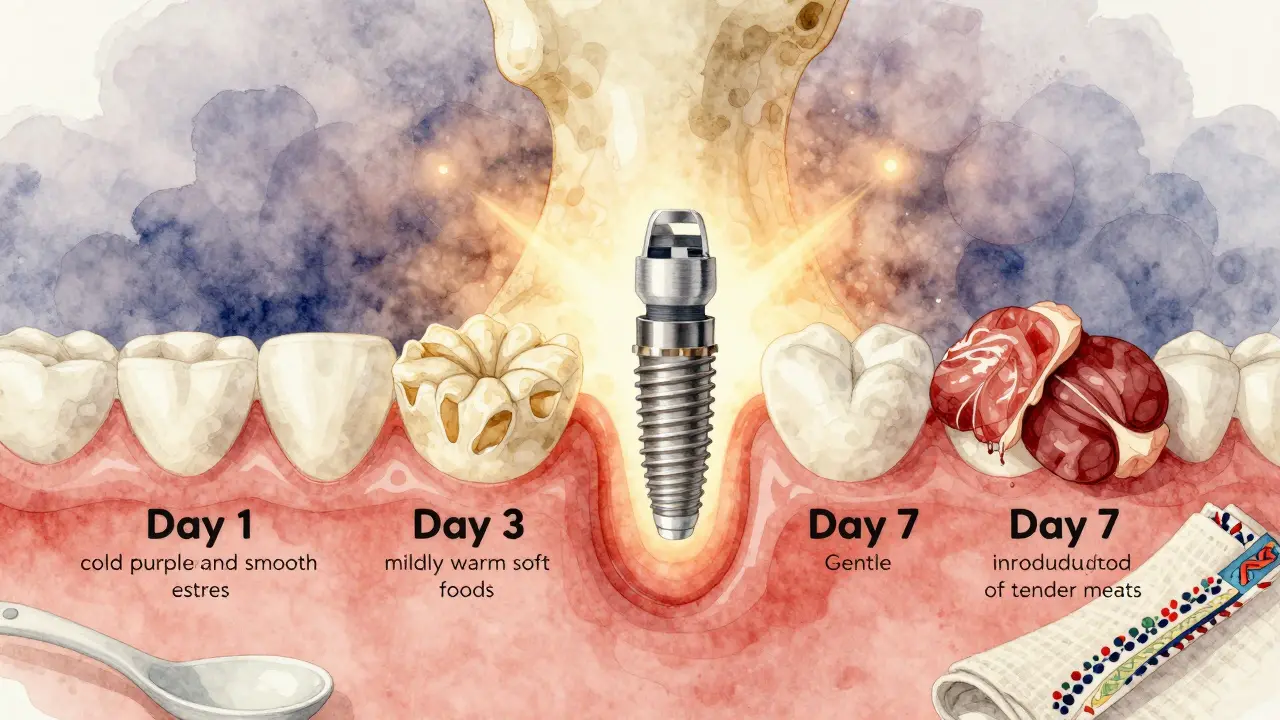Vizualizace vývoje stravy po implantaci zubu v průběhu dní.