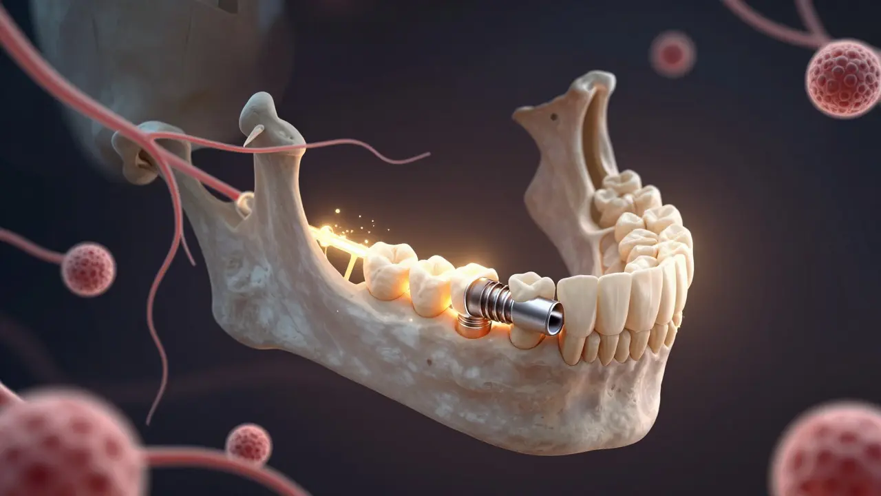 Vnitřní vidění kosti s implantátem, jak se postupně integruje do tkáně.
