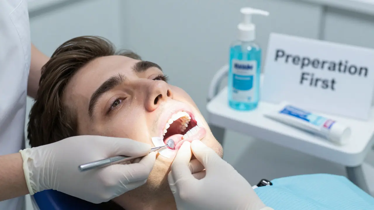 Zubař aplikuje ochranný gel na dásně před bělením zubů.