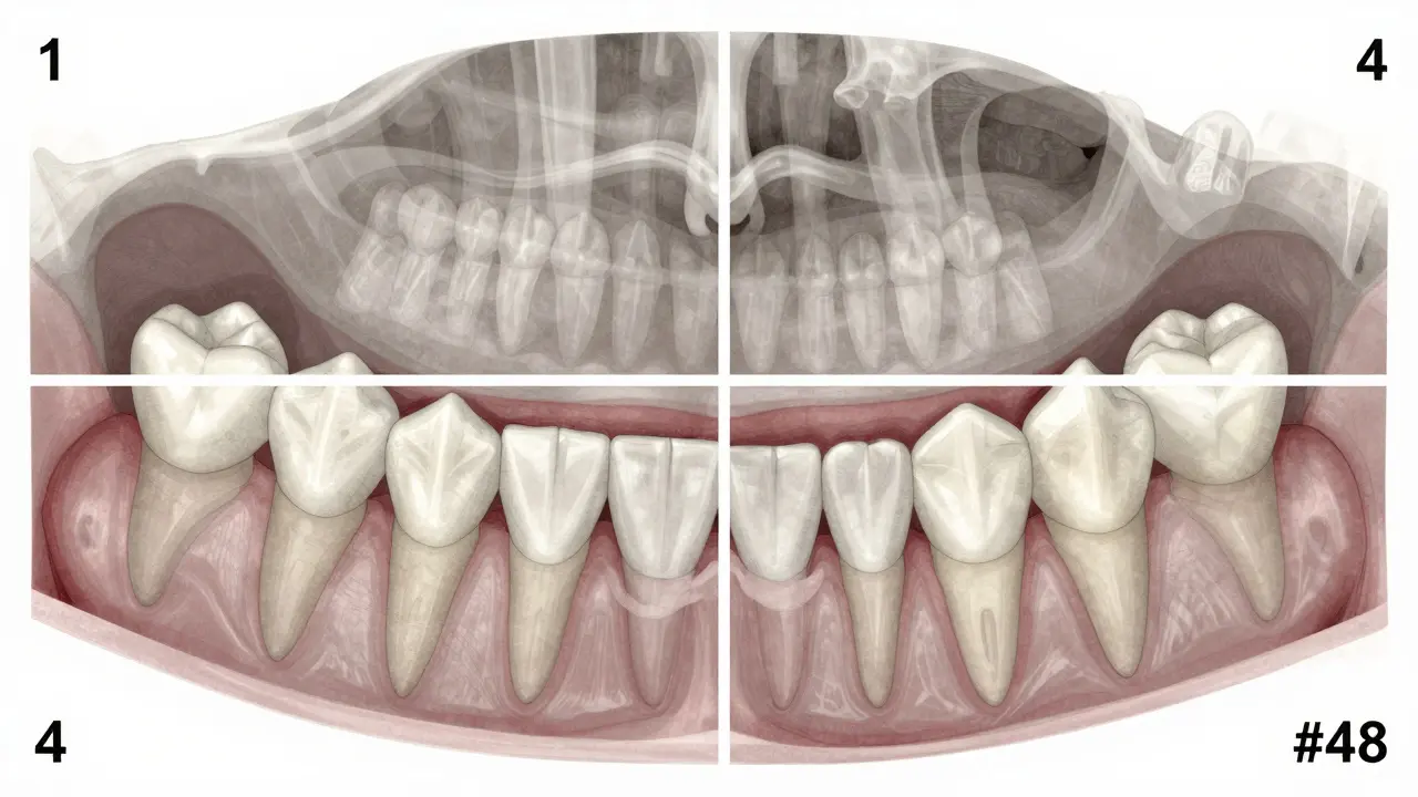 Anatomický náčrt čelisti s označenými kvadranty a pozicí zubu 48 v dolním pravém kvadrantu.
