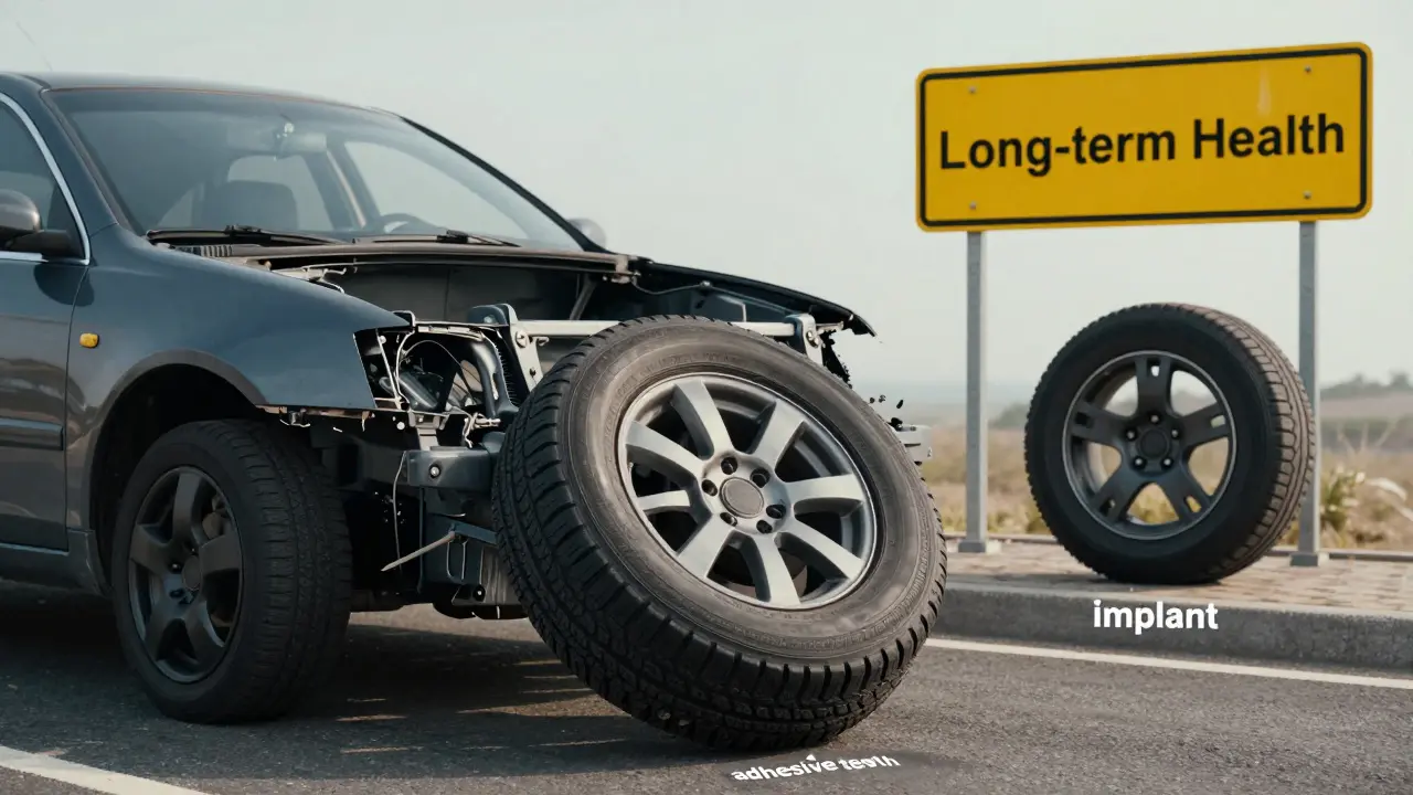 Auto s dočasným náhradním kolem místo správného kola, symbolizující krátkodobé a dlouhodobé řešení ztráty zubů.