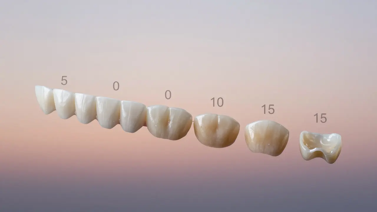 Časová čára ukazující postupné opotřebení zubních fazet během 15 let.