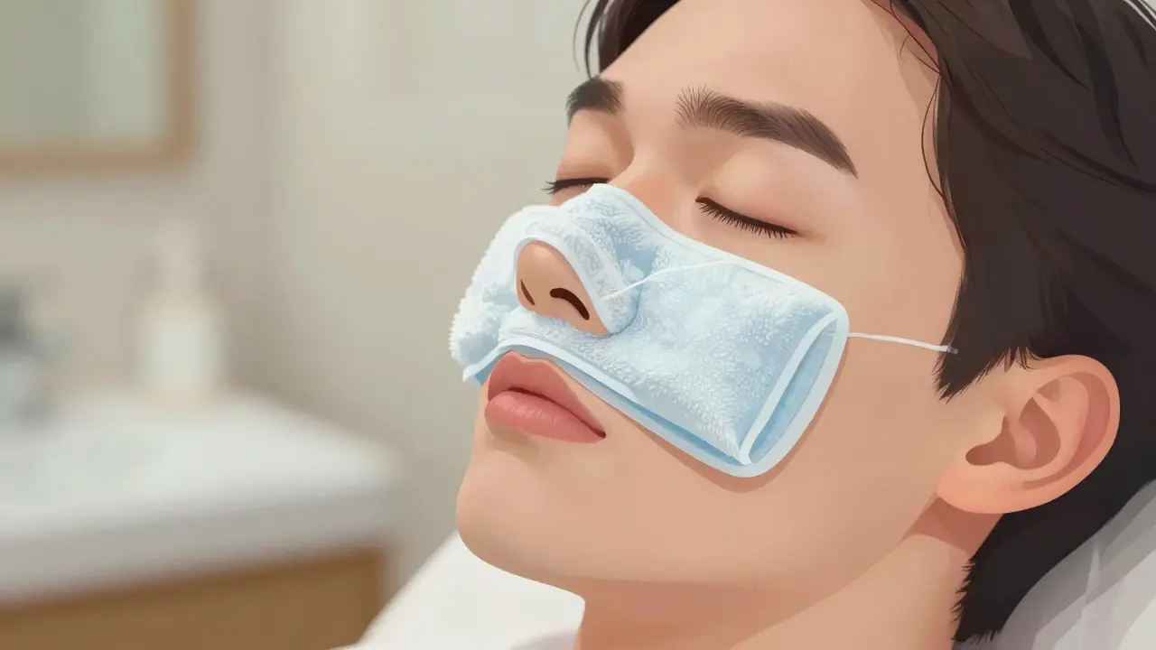 Chladný kompres na tváři nad předními zuby, zabaleno v ručníku.