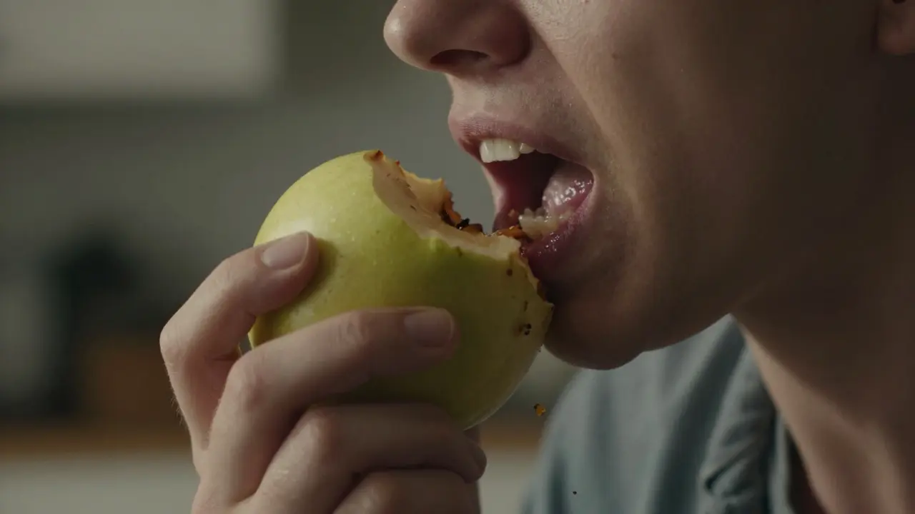 Člověk, který těžce žvýká jablko, s jednou stranou úst poškozenou a potravinou zadrhávající mezi zuby.