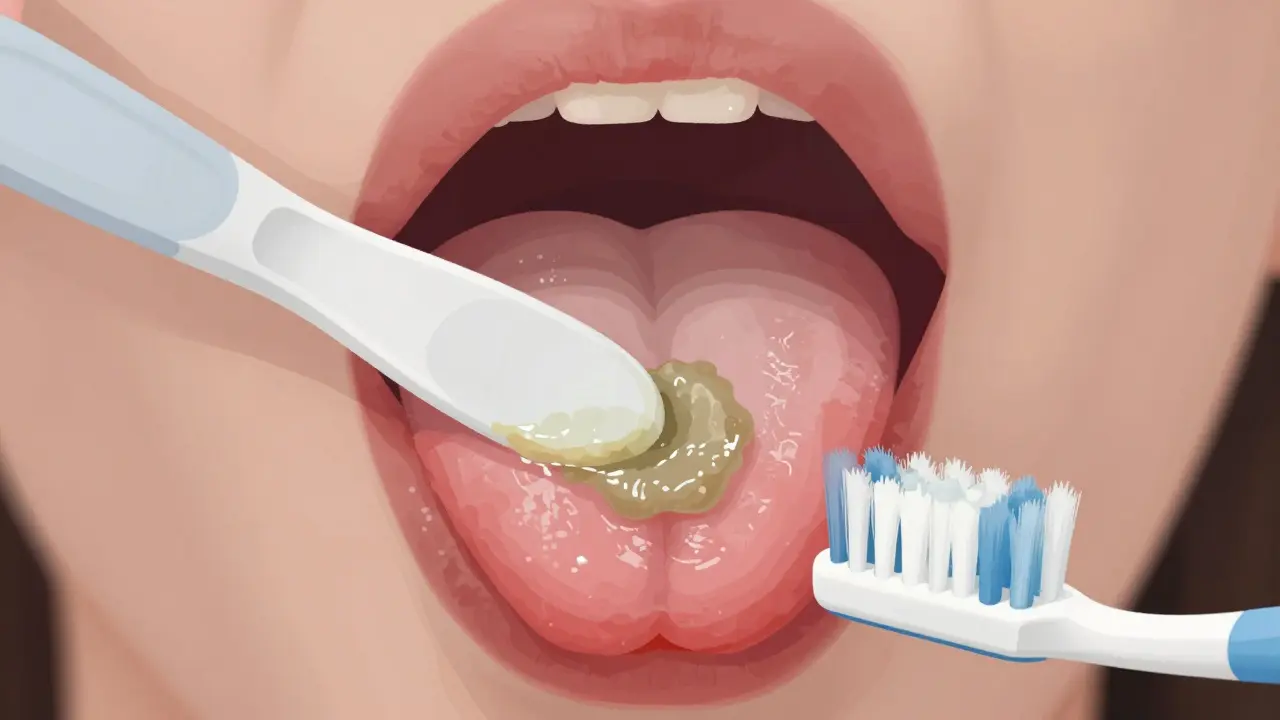 Detailní zobrazení jazyka s biofilmem a škrabkou odstraňující zbytky, ve srovnání s kartáčkem.