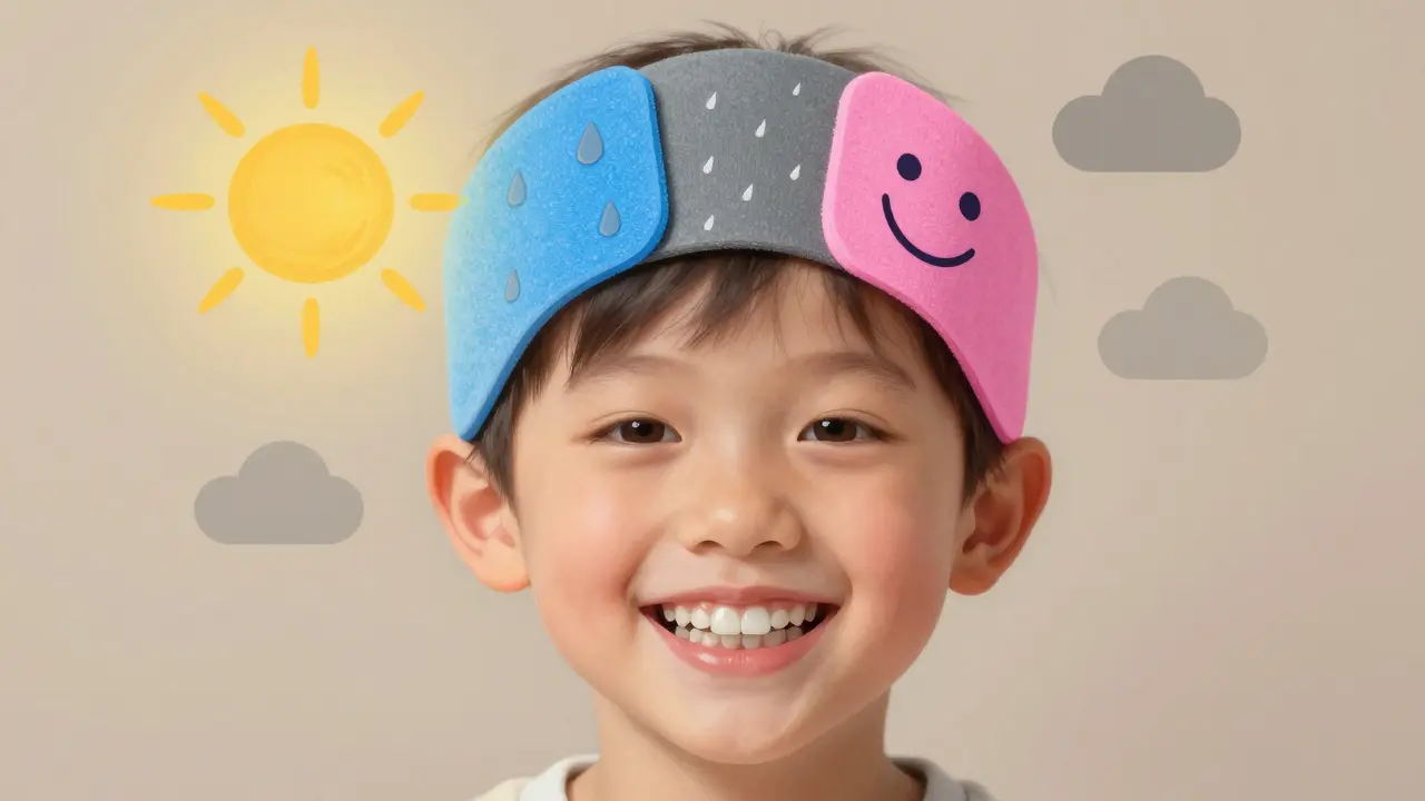 Dítě s gumičkami na rovnátku, jejichž barvy reprezentují počasí a náladu.