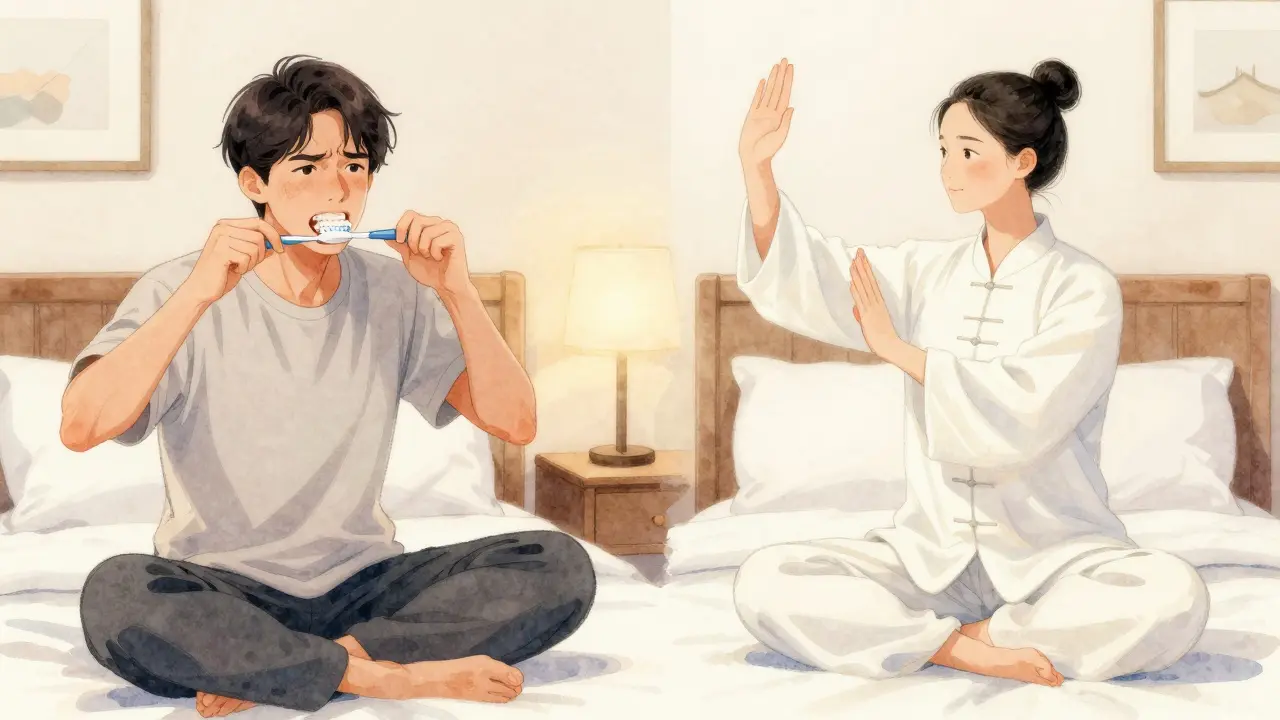 Dvě postavy: jedna čistí zuby s napětím, druhá cvičí tai chi s klidem ve stejné místnosti.