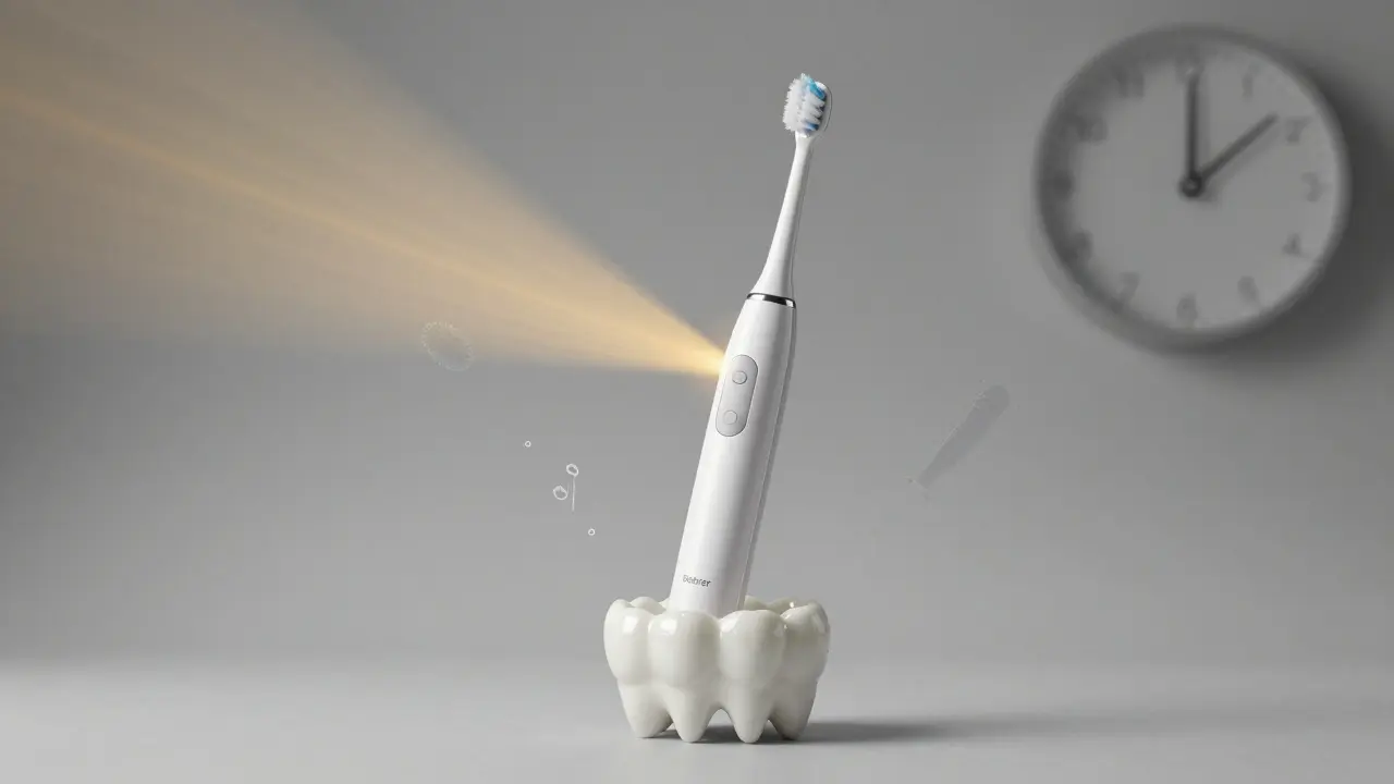 Elegantní ultrazvukový čistič zubů vysílá světelné vlny, které odstraňují bakterie a nečistoty z povrchu zubů.