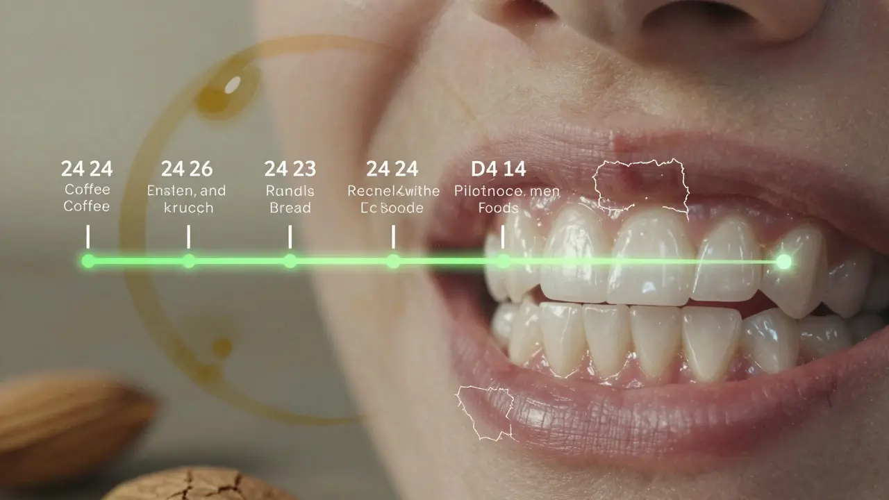 Grafická představa vývoje péče o keramické fazety během 14 dnů s varovnými značkami pro nebezpečné potraviny.