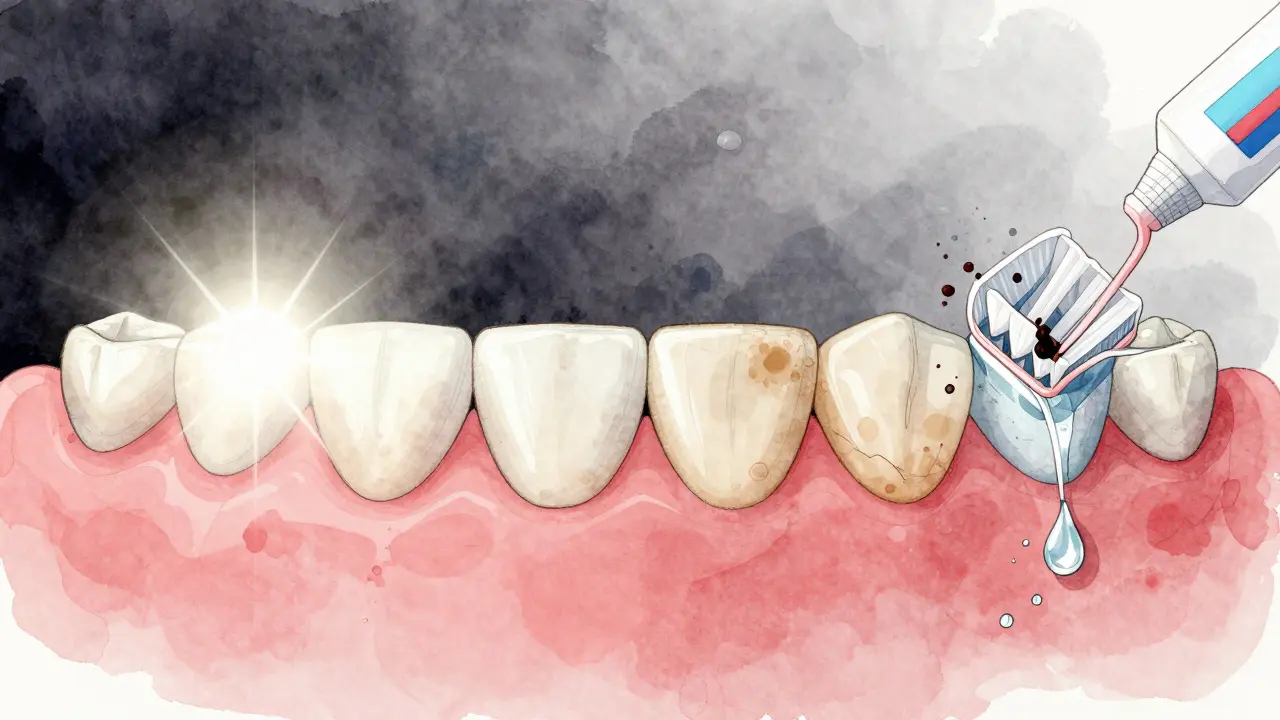 Ilustrace zubů v různých fázích bělení s ochrannými prvky jako fluorid a nit.