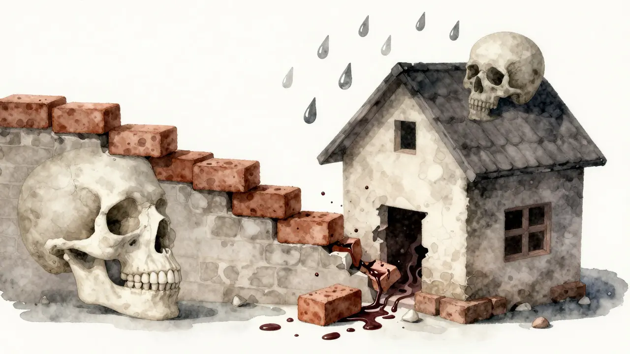 Konceptuální obraz čelisti jako domu s ukrytou únikem, kde poškozený zub způsobuje šíření poškození.