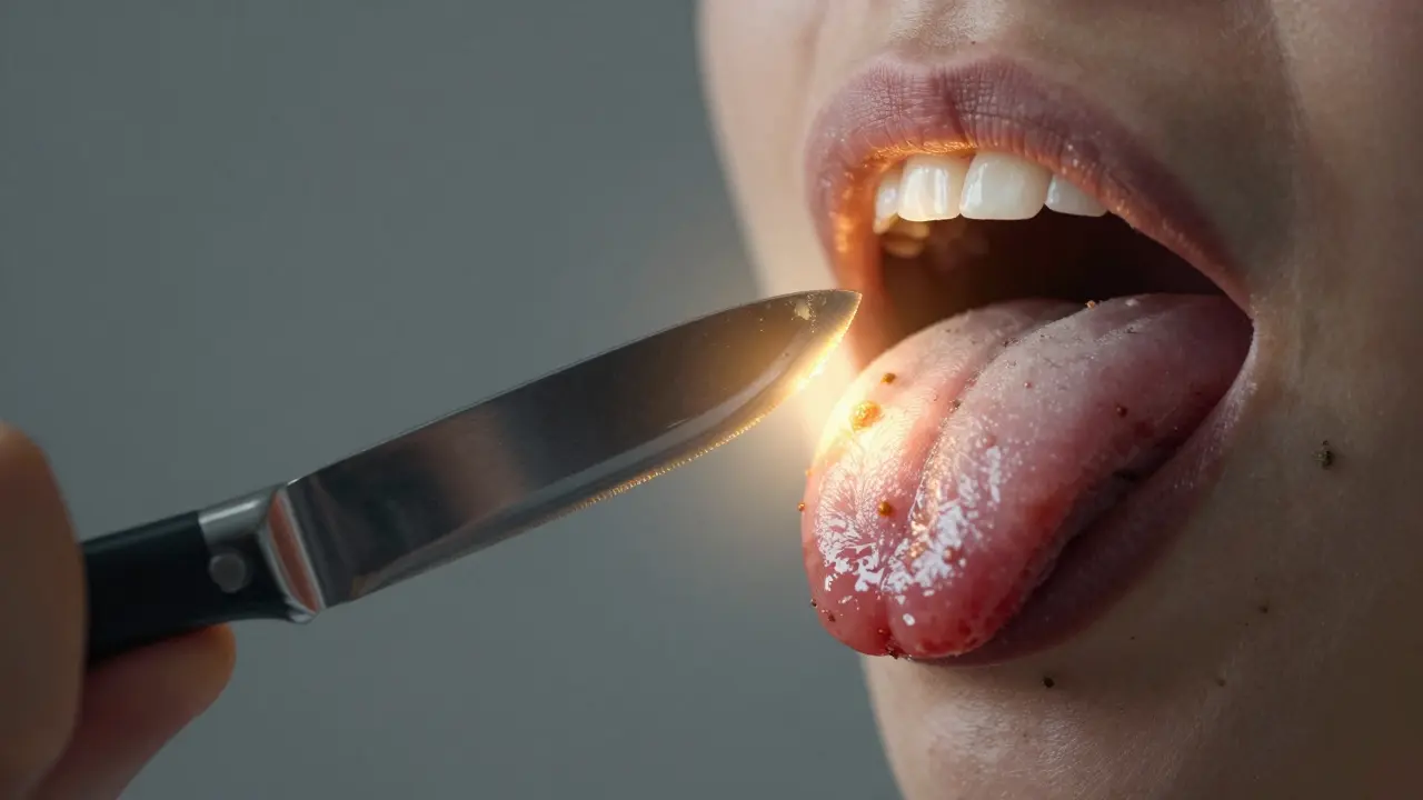 Konceptuální obraz čistého a znečištěného jazyka s škrabkou jako symbolem zdraví úst.