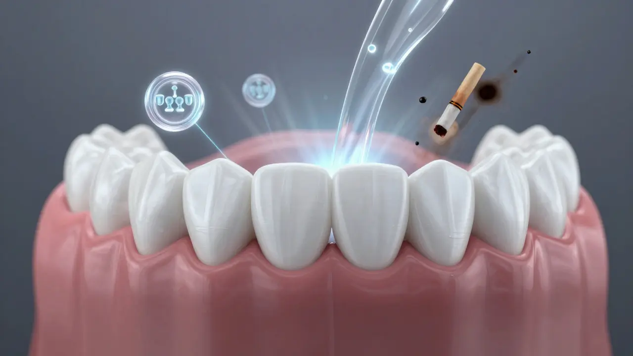 Konceptuální obraz zdravých zubů chráněných fluoridem, vodou a čistým ovzduším.