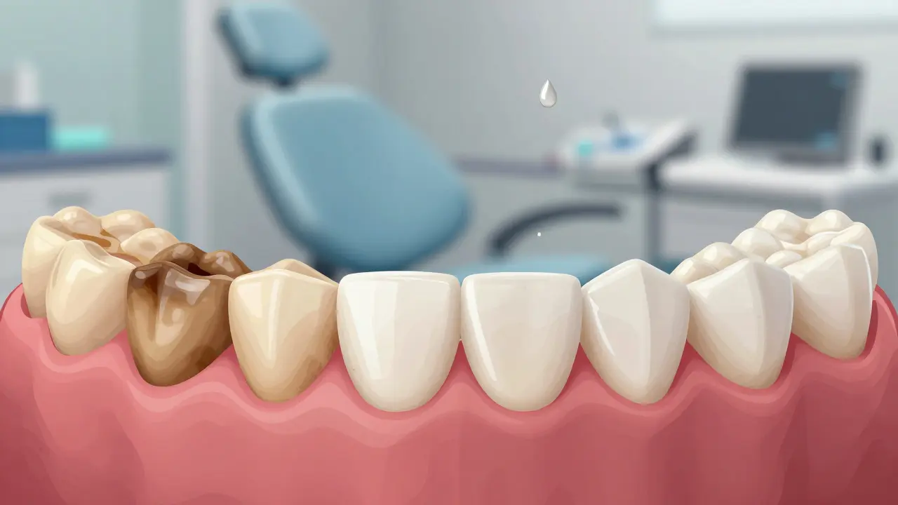 Kontrast mezi znečištěnými a čistými zuby po profesionálním pískování.