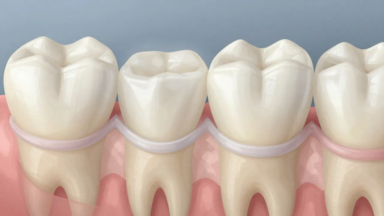Křížový řez zubu s tenkou keramickou fazetou a vrstvou lepidla, znázorňující mikrostrukturu.