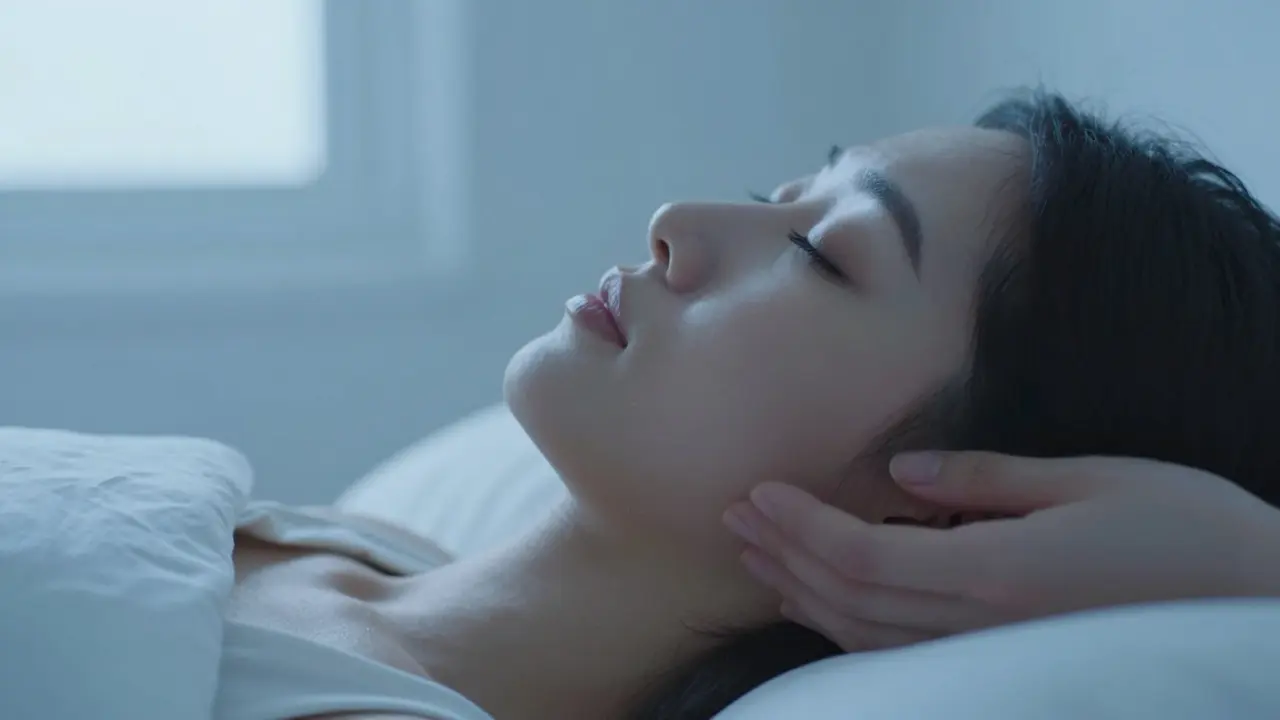 Osoba klidně spí na zádech s rukou na tváři, znázorňující odpočinek po vytržení zubu.