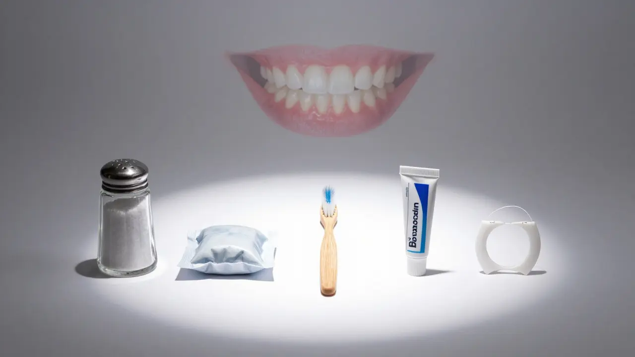 Pět domácích prostředků pro úlevu od bolesti předních zubů: sůl, led, kartáček, gel a nit.