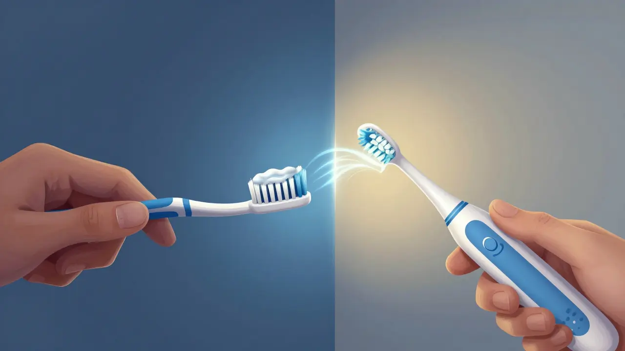 Porovnání ručního a sonického kartáčku: jedna ruka s plakem, druhá s čistými zuby a mikrovlnami.