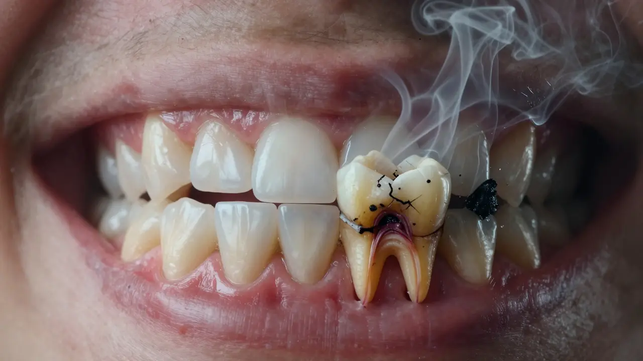 Porovnání zdravého a poškozeného zubu s viditelným poškozením a bakteriemi