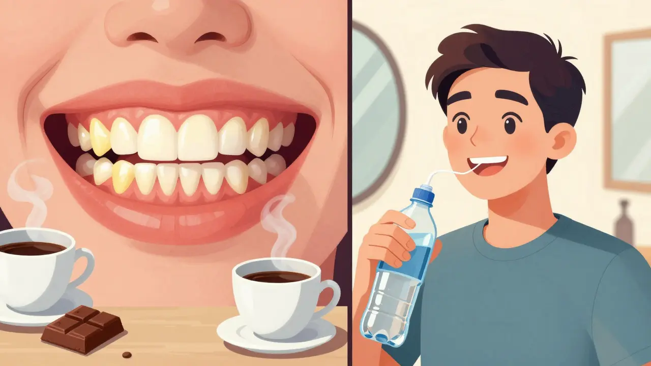 Porovnání žlutých zubů s plakem a čistých, zdravých zubů s floss a vodou.