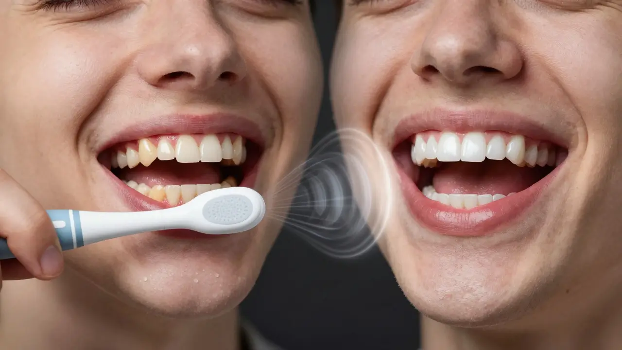 Přeměna úst: zdravé zuby po sonickém čištění proti poškozeným zubům z ručního kartáčku.