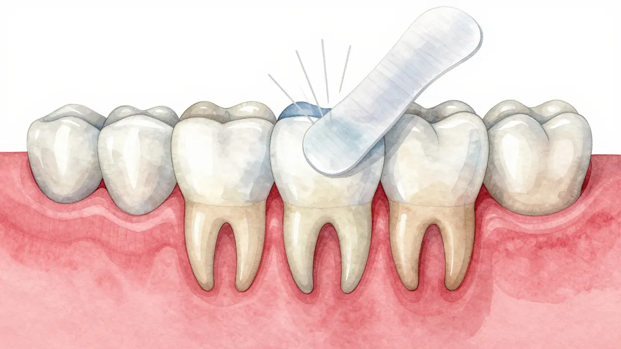 Průřez zubu ukazující světlou skloňku a tmavý cement pod dásní bez známek poškození.